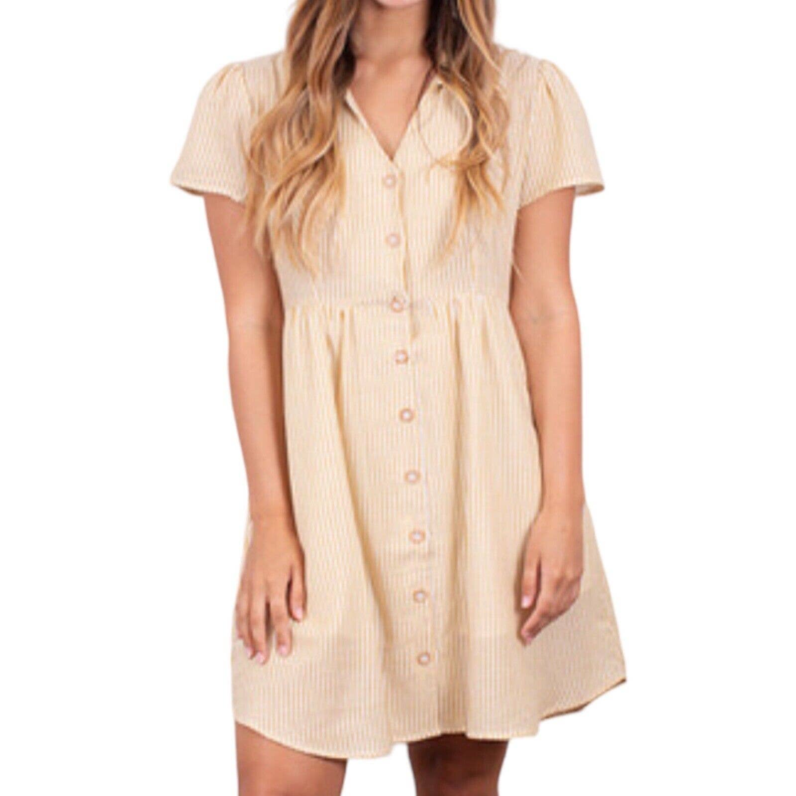 Hem & Thread The Sally Yellow Striped Button Front Cotton Dress Size Medium